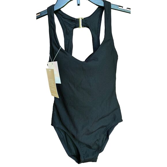 Andie One Piece Catalina Swimsuit Women XS Black Ribbed Oval Cut Out Stretch NEW - Picture 1 of 12